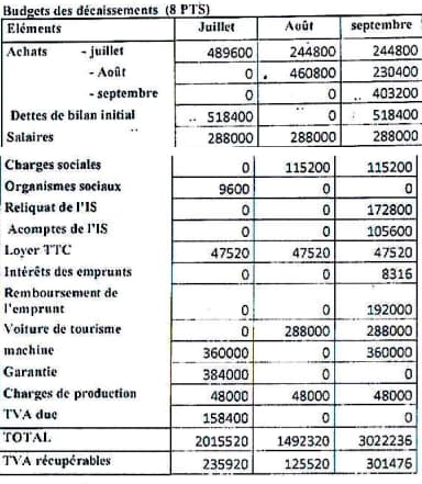 Budgets des décaissements (8 PTS)