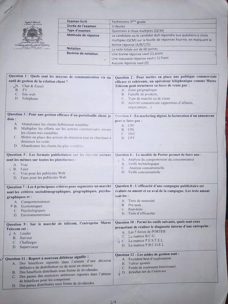 Exemple concours ministère de l'Inclusion économique Techniciens 3ème grade 2024